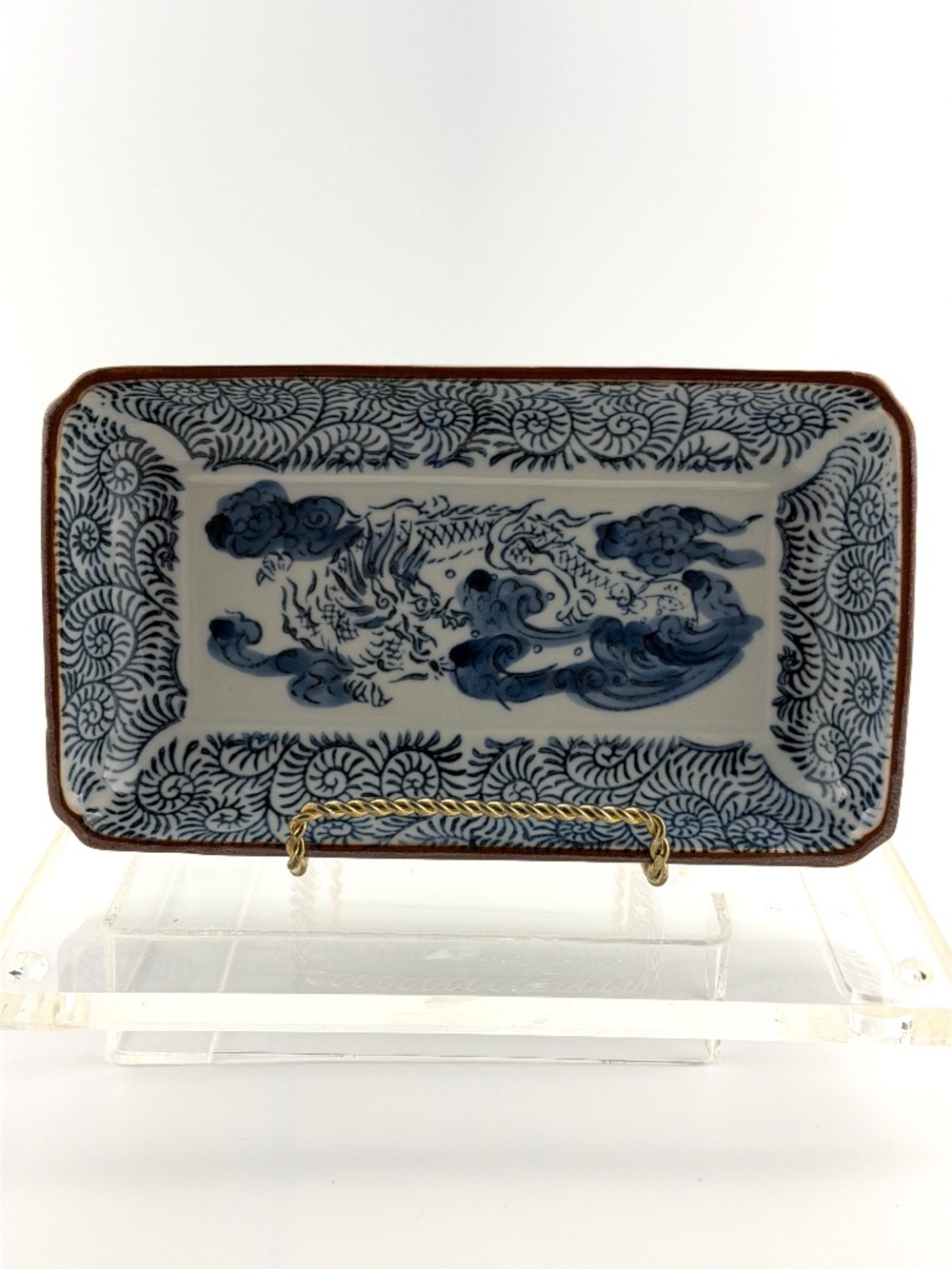 Vintage Japanese BLUE & WHITE Porcelain Sushi Dish Dragon Motif